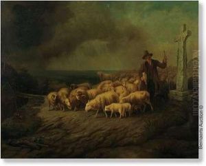 After Shepherd With Storm Approaching. Canvas by Eugene Joseph Verboeckhoven