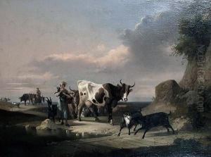 Figures, Cows And Goats Beside A River Figures, Cows And Goats Beside A River