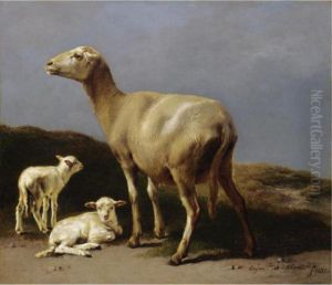 Ewe And Her Lambs by Eugene Joseph Verboeckhoven