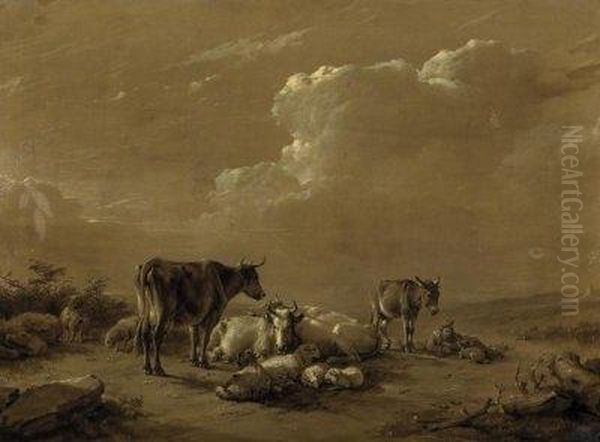 A Shepherd With His Donkey By 
The Cattle On The Fields. Grisaille Painting. Signed And Dated Bottom 
Right: Eugene Verboeckhoven 1867. Oil On Canvas. 50 X 69cm. Framed - view 1
