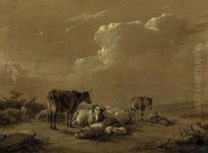 A Shepherd With His Donkey By
The Cattle On The Fields. Grisaille Painting. Signed And Dated Bottom
Right: Eugene Verboeckhoven 1867. Oil On Canvas. 50 X 69cm. Framed by Eugene Joseph Verboeckhoven