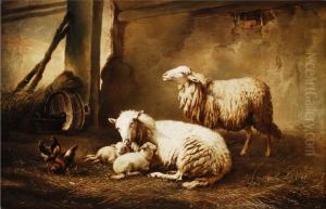 Die Schafsfamilie Im Stall by Eugene Joseph Verboeckhoven