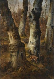 Deer In A Wood by Eugene Joseph Verboeckhoven