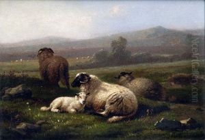 Black Faced Horned Ewes And Lambs by Eugene Joseph Verboeckhoven