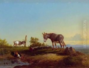 Donkey, Goat And Hens At The Watering Hole by Eugene Joseph Verboeckhoven