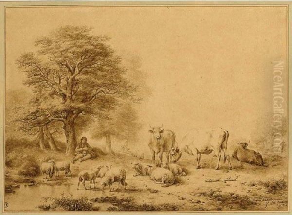 A Wooded Landscape With A Shepherd Resting With His Flock by Eugene Joseph Verboeckhoven