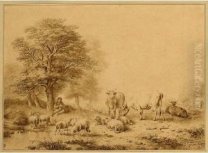 A Wooded Landscape With A Shepherd Resting With His Flock by Eugene Joseph Verboeckhoven