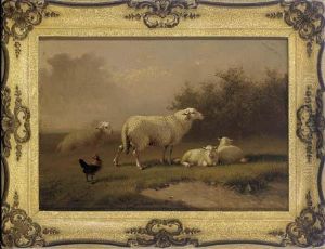 A Cockerel Inspecting Some Sheep
