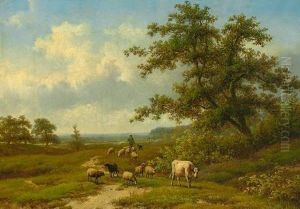 Weidelandschaft Mit Schafer, Schafherde Und Kuh An Einemspatsommertag