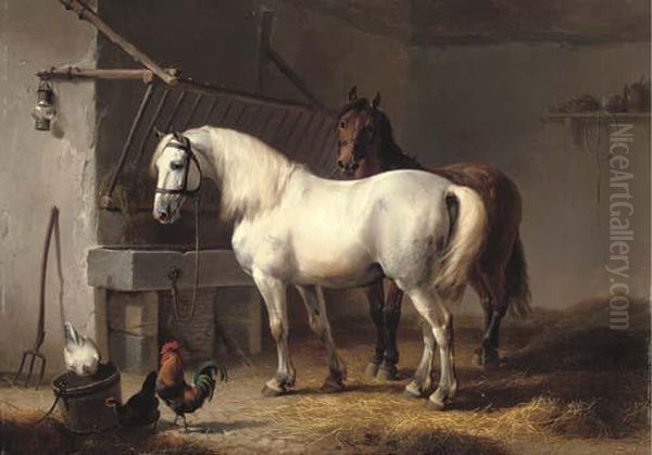 Horses And Chickens In A Barn Interior - view 1