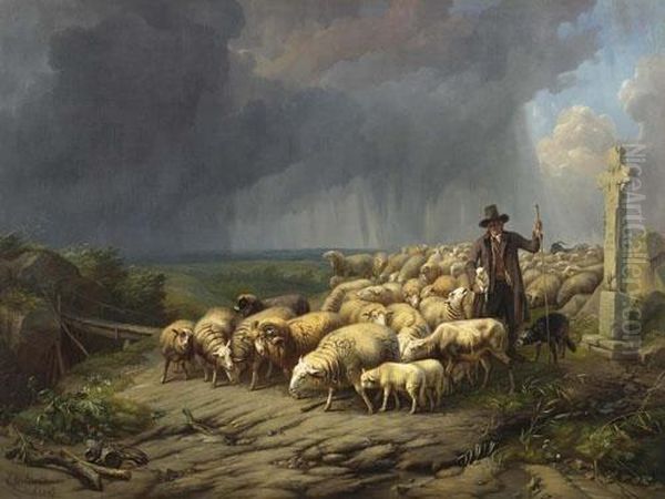 Moutons Effrayes Par La Tempete. Vom Sturm Verangstigte Schafe. 1847. - view 1