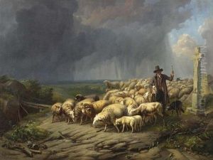 Moutons Effrayes Par La Tempete. Vom Sturm Verangstigte Schafe. 1847.