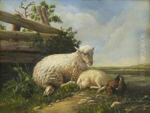 Mutterschaf Mit Lamm Und
 Huhnern. by Eugene Joseph Verboeckhoven
