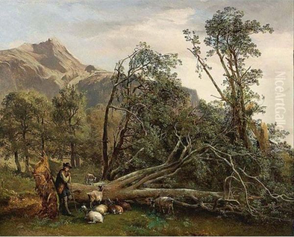 A Shepherd And His Flock In A Wooded Landscape - view 1