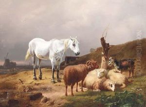 A Horse, Sheep And Goats In A Landscape