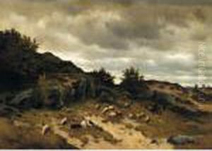 Shepherds With Their Flock In A Rocky Landscape by Eugene Joseph Verboeckhoven