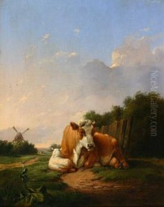 Cow And Sheep Resting In A Landscape Withwindmill Cow And Sheep Resting In A Landscape Withwindmill
