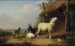 Goats And A Sheep Beside A Barn