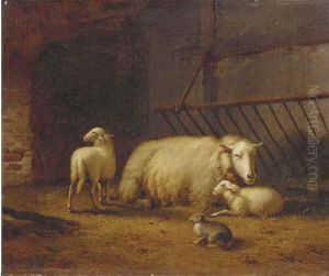 Sheeps And A Rabbit In A Stable by Eugene Joseph Verboeckhoven