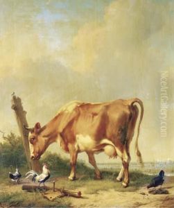 La Vache Rouge Et Blanche Se Frottant La Tete Contre Un Morceau De Bois by Eugene Joseph Verboeckhoven