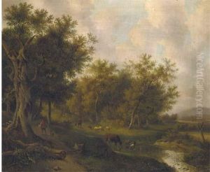 Animals Watering In A Wooded Lake Landscape