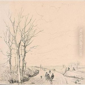 Two Polder Landscapes, One A Winter Scene by Eugene Joseph Verboeckhoven