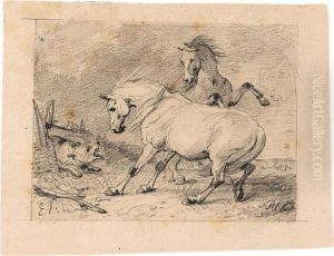 Two Horses Frightened By A Wolf