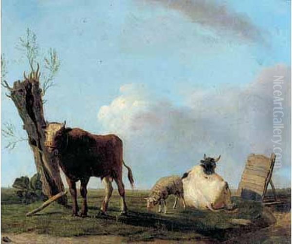 Jeune Taureau, Vache Et Mouton Aupres D'un Saule Creux. - view 1