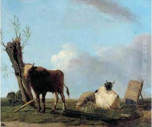 Jeune Taureau, Vache Et Mouton Aupres D'un Saule Creux.