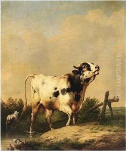 A Bull And Sheep In A Landscape