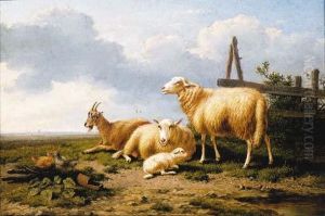 Sheep, A Goat And Chickens In A Landscape