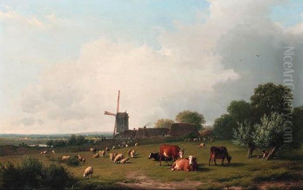 A Panoramic Summer Landscape With Cattle Grazing In A Meadow By Awindmill - view 1