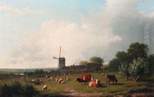 A Panoramic Summer Landscape With Cattle Grazing In A Meadow By Awindmill by Eugene Joseph Verboeckhoven