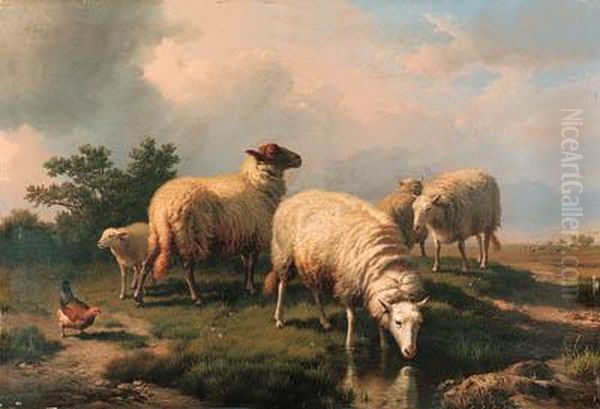 Sheep And A Chicken In A Landscape - view 1