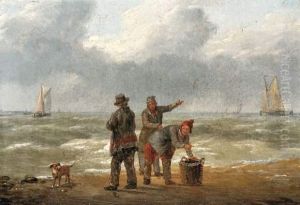 Drie Vissers Op Het Strand by Louis Verboeckhoven