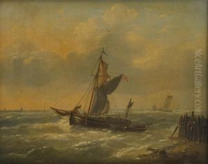 Barque De Peche Sur Fond De Ville Portuaire by Louis Verboeckhoven
