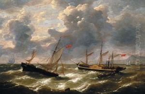 Steamboat And Sailingboat by Louis Verboeckhoven