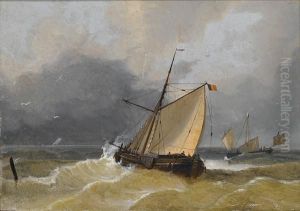 A Belgian Tjalk Running Out To Sea Against Thetide by Louis Verboeckhoven