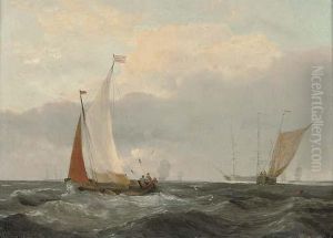 Barges At Sea With A Frigate Anchored Beyond by Louis Verboeckhoven