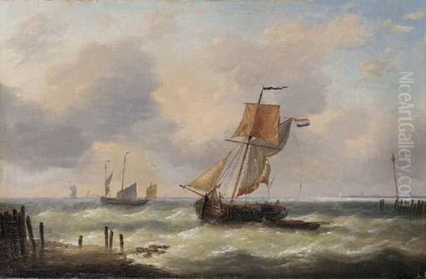 A Dutch Barge Riding At Her Anchor In A Swell Off The Coast - view 1