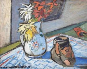 Nature Morte Au Vase Fleuri Et Au Pichet Decore D'une Figure