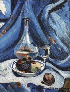 Pomme Raisins Dans Une Assiette, Carafe Et Verre by Louis-Mathieu Verdilhan