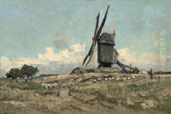 A Shepherd And His Flock Before A Windmill - view 1