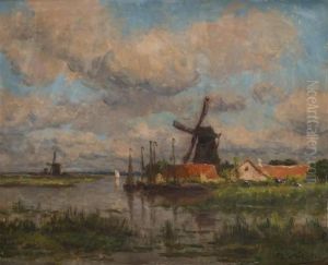 Cours D'eau Avec Bateaux De Peche Et Moulins