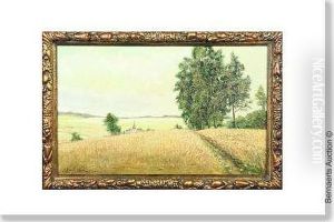 Landscape Withcorn Fields And Church Tower In The Distance by Isidore Verheyden