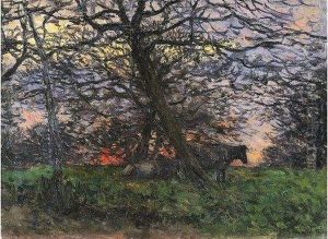 Coucher De Soleil Dans Un Verger by Isidore Verheyden