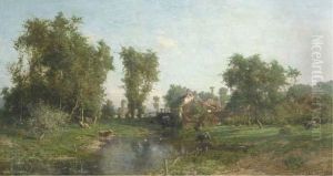 Summer Landscape With Cows Grazing By A Watermill by Isidore Verheyden