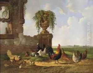 Poultry By A Ruin In An Extensive Landscape by Albertus Verhoesen