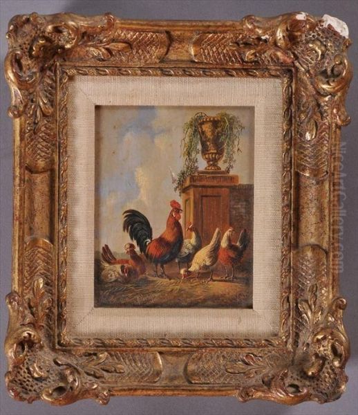 Cocks, Hens And Stone Urn In A Landscape - view 1