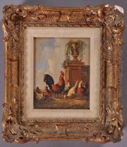 Cocks, Hens And Stone Urn In A Landscape